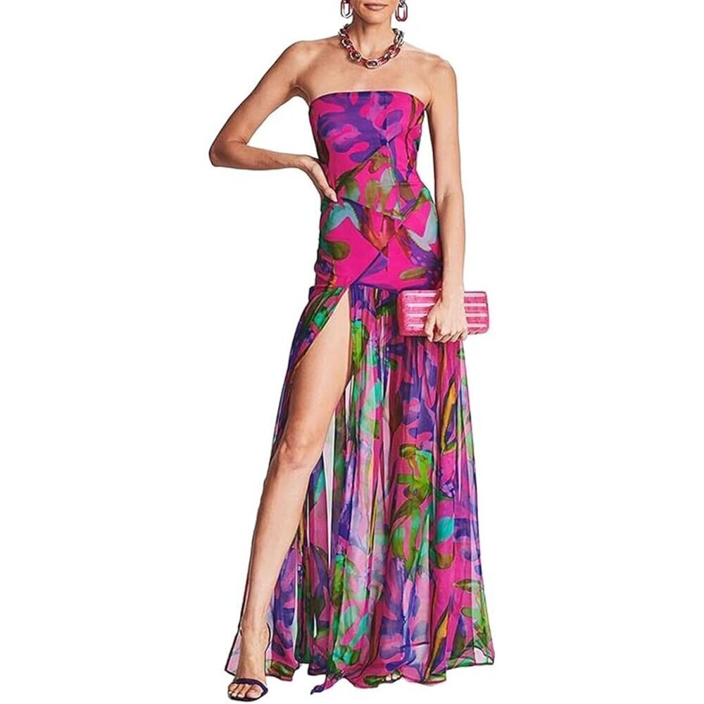 Women Purple Tiger Stripe Mesh Patchwork Maxi Strapless High Slit Long Dresses